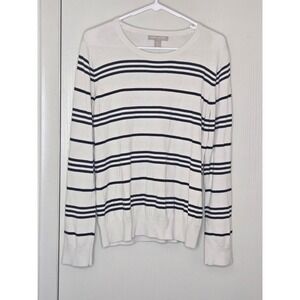 Banana Republic Womens Large Cream Navy Blue Striped Elbow Patch Sweater L